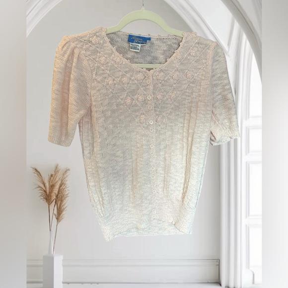 VINTAGE 80s LIANA’S‎ PETITES Pale Pink Pointelle Rosette Sweater Puff Sleeve S - Picture 10 of 10